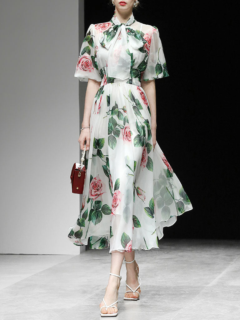 Big Bowknot Tropical Rose Print Maxi Dress