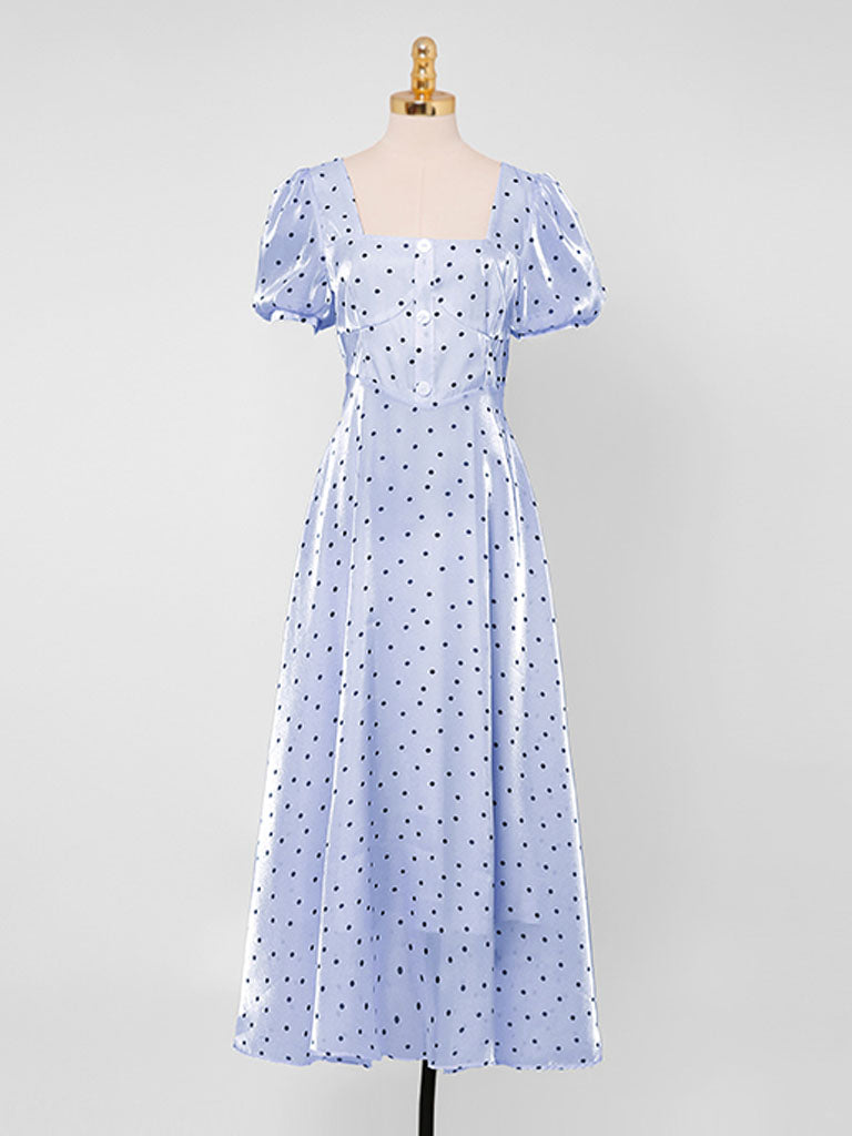 Blue Polka Dots Puff Sleeve Vintage Style 1950S Dress