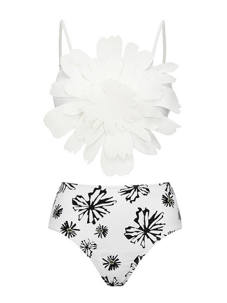 2PS White Flower Print V Neck One Piece