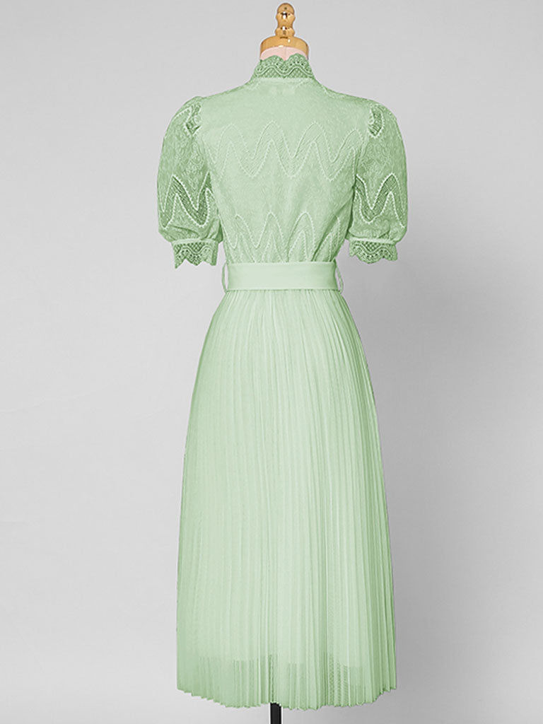 Apricot Stand Collar Puff Sleeve Mesh Pleated Dress