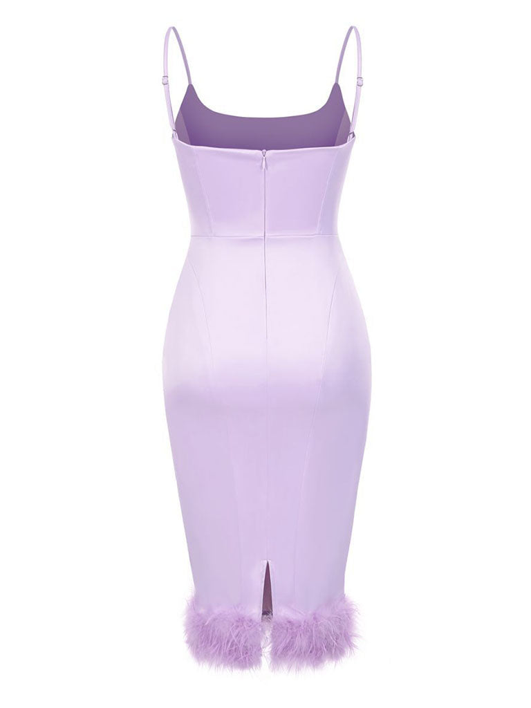 Purple Spaghetti Strap Satin Feather Hem Bodycon Dress Gown Party Dress