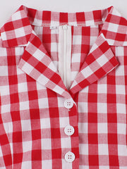 1950s Red Turn Down Collar Plaid Short Sleeve Vintage Dress