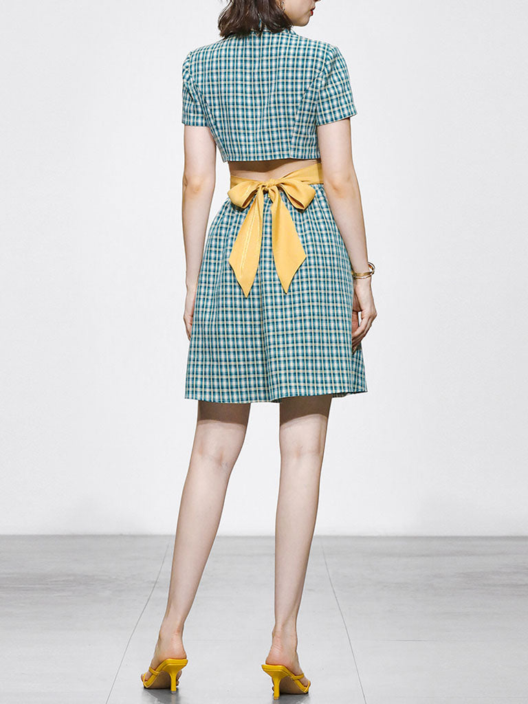 Blue Plaid Short Sleeve Waist Back Waist Hollow Bow Dress