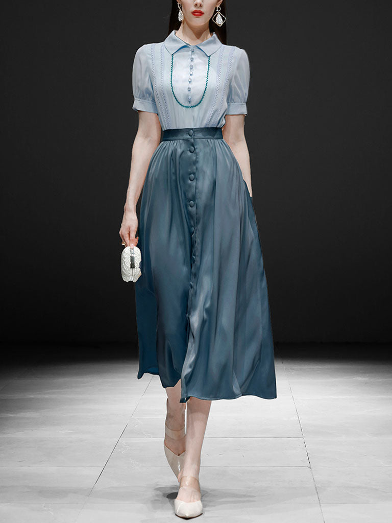 Light Blue Turn Collar Shirt And Lake Blue Skirt Set