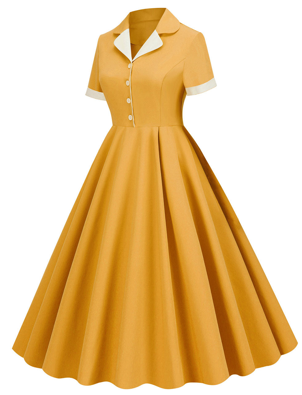 Green Solid Color Turn Down Collar Short Sleeves 1950S Vinatge Shirt Dress