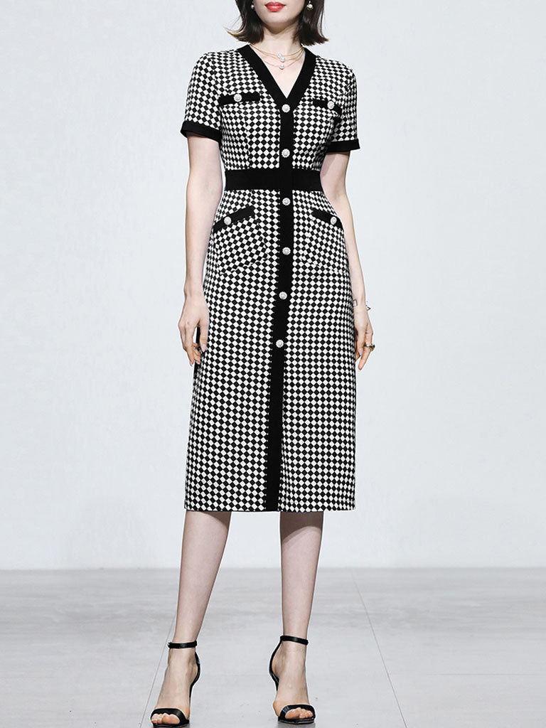 Green V Neck Checkerboard Print Short Sleeve 1940S Vintage Dress