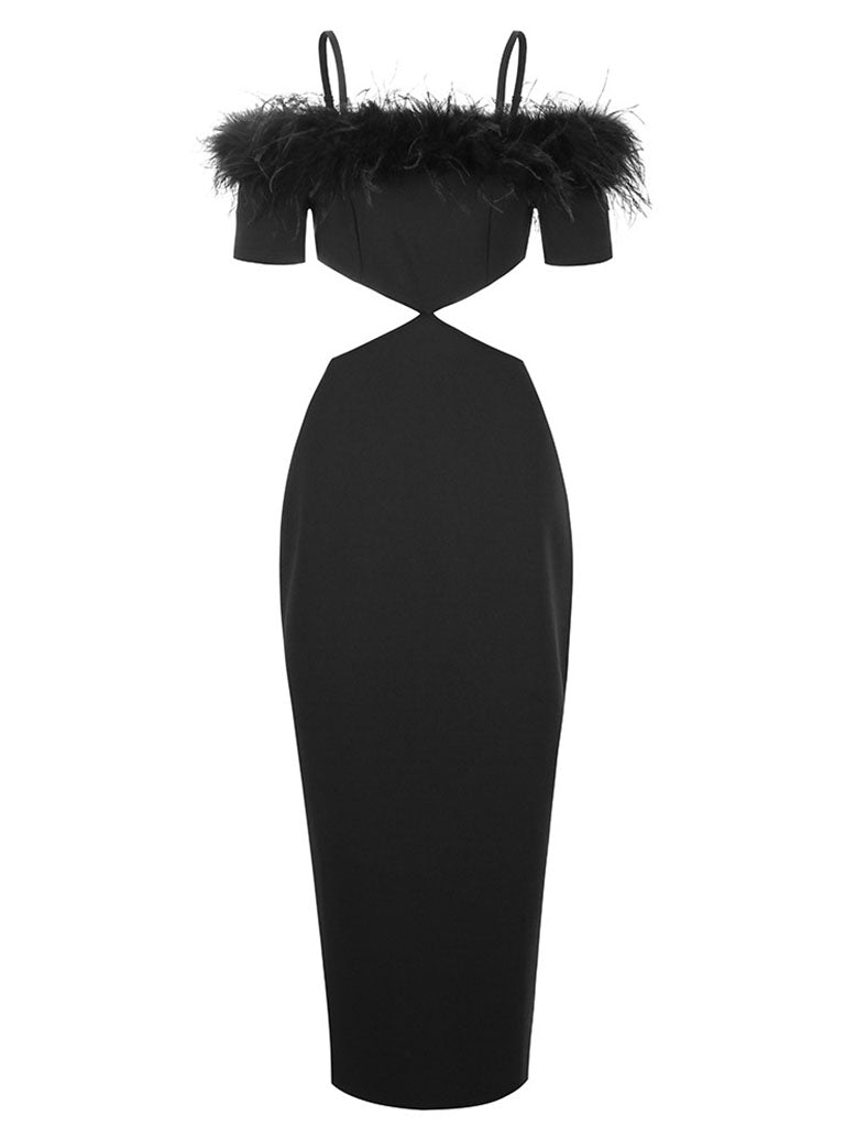 Black Spaghetti Strap Feather Off The Shoulder Bodycon Dress Gown Party Dress