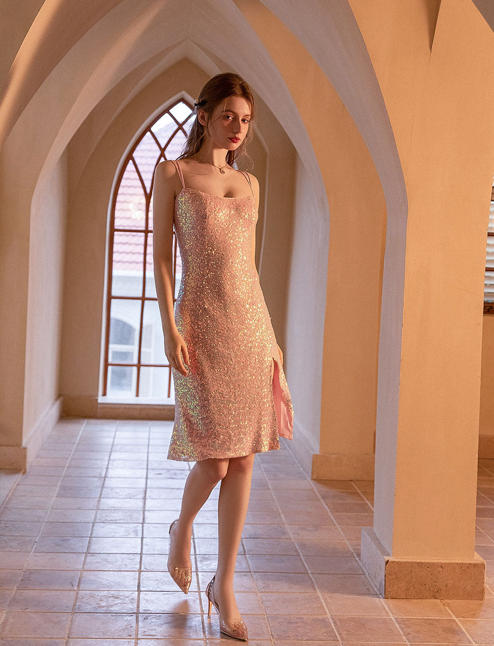 Pink Sequined Split Bodycon Dress