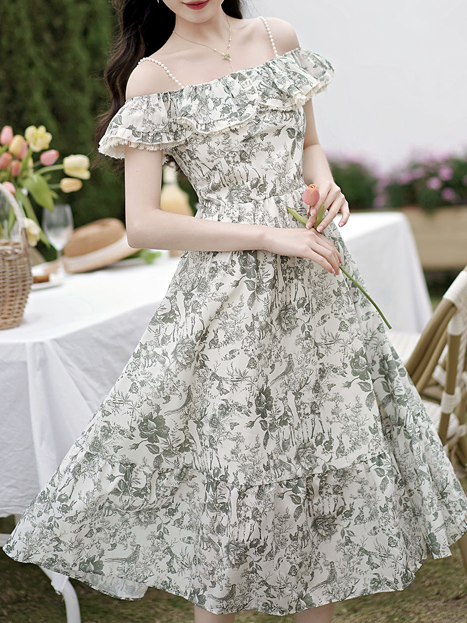 Off The Shoulder Floral Print Ruffles Vintage 1950S Dress
