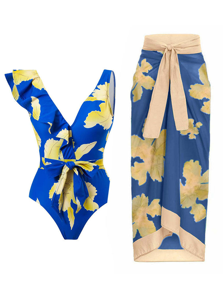 Blue Floral Print Ruffles Strap One Piece