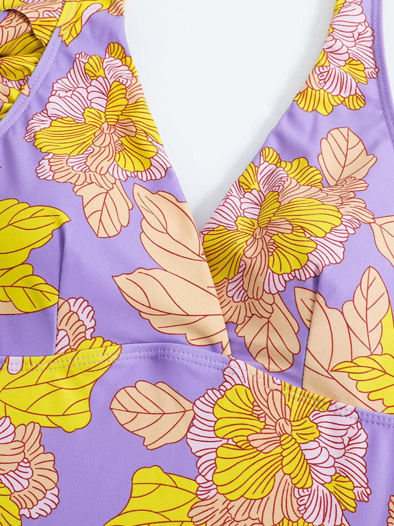 Purple Leaf Print V Neck One Piece