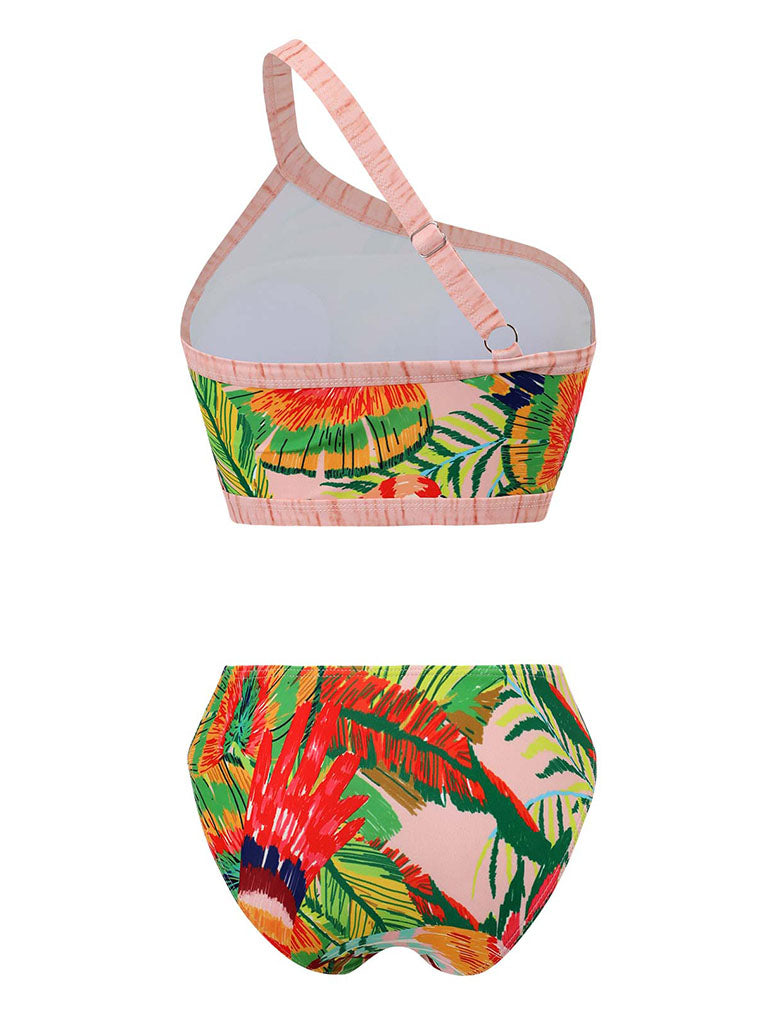 One Shoulder Floral Print Strap Two Pieces