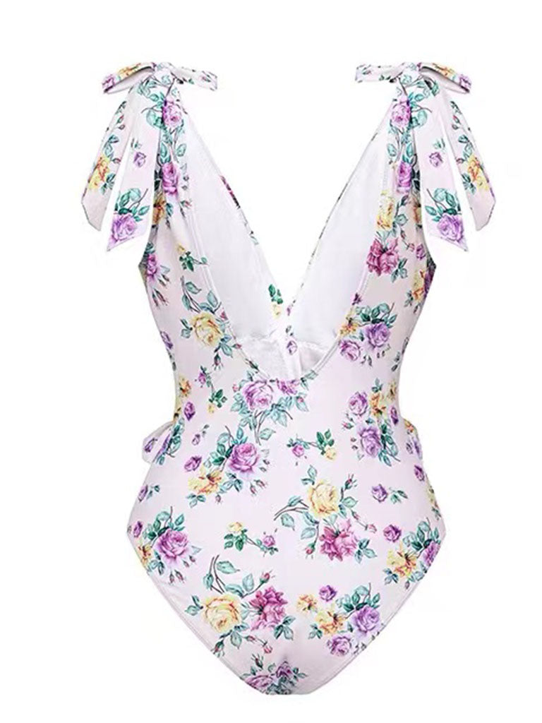 Purple Floral Print Bow Strap One Piece