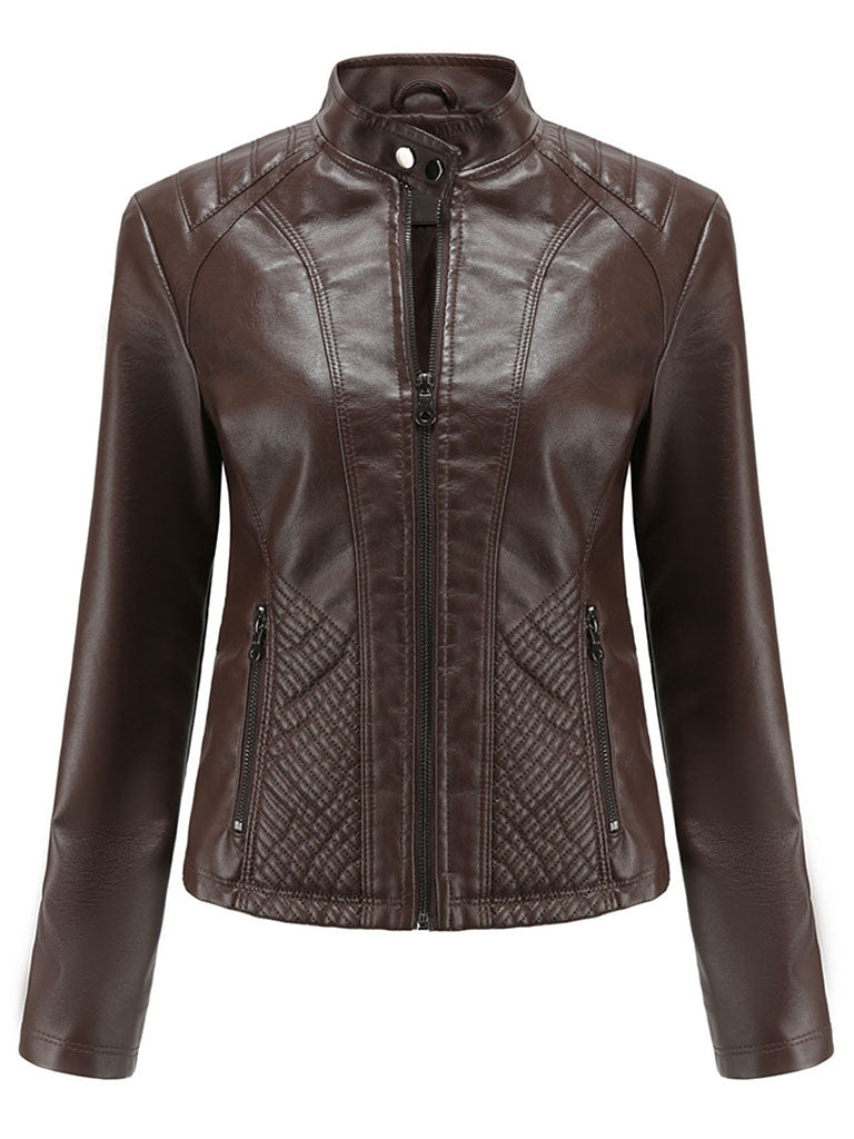Stand Collar Long Sleeve PU Leather Motorcycle Jacket