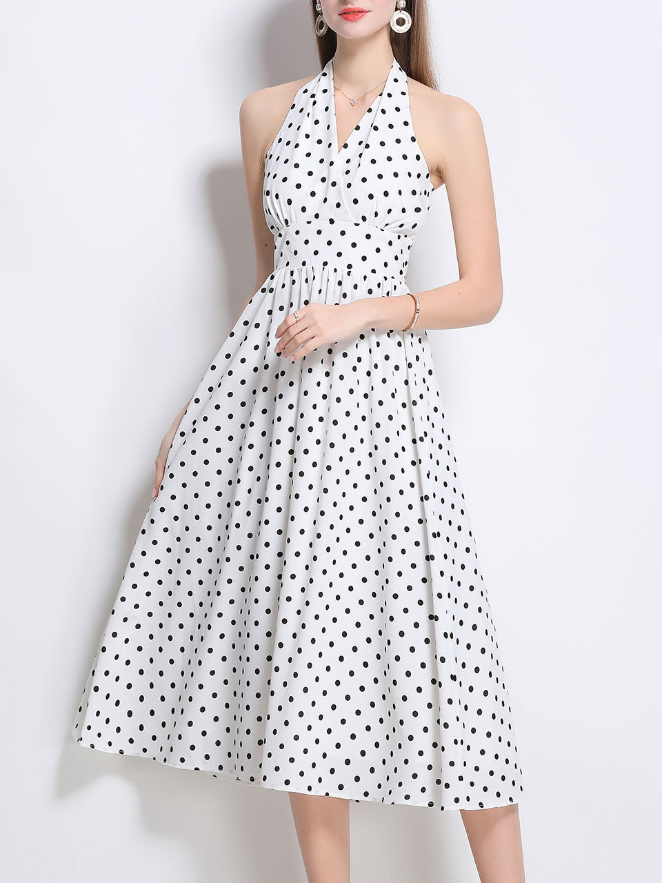 1950S Hepburn Style Outfits Polka Dots Halter Swing Dress