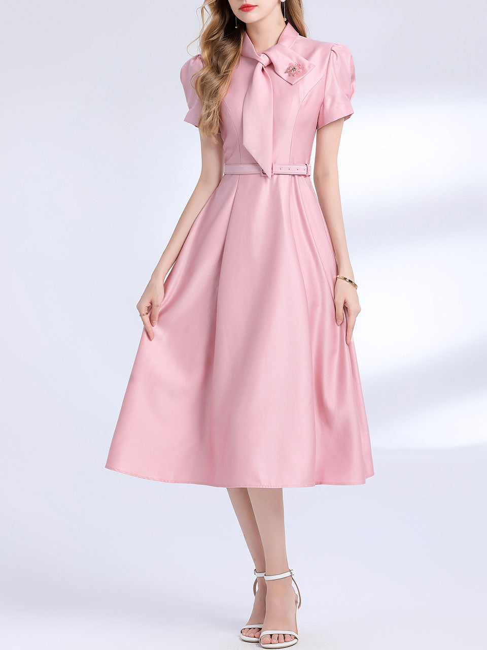 Pink Satin Bowknot Short Sleeve Classic 1950S Vintage Sweet Party Dress
