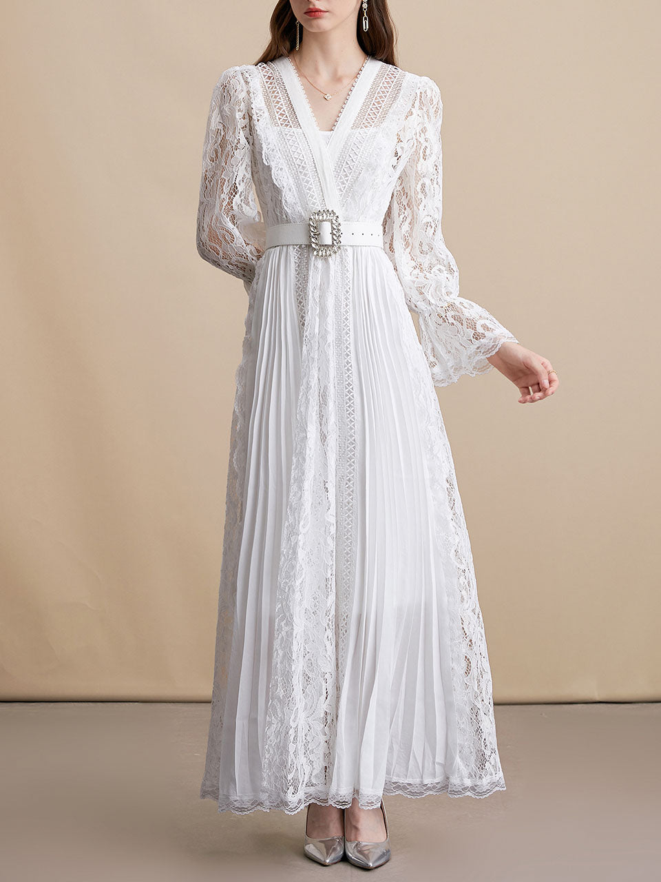 White V Neck Long Sleeve Classic 1950S Vintage Lace Dress