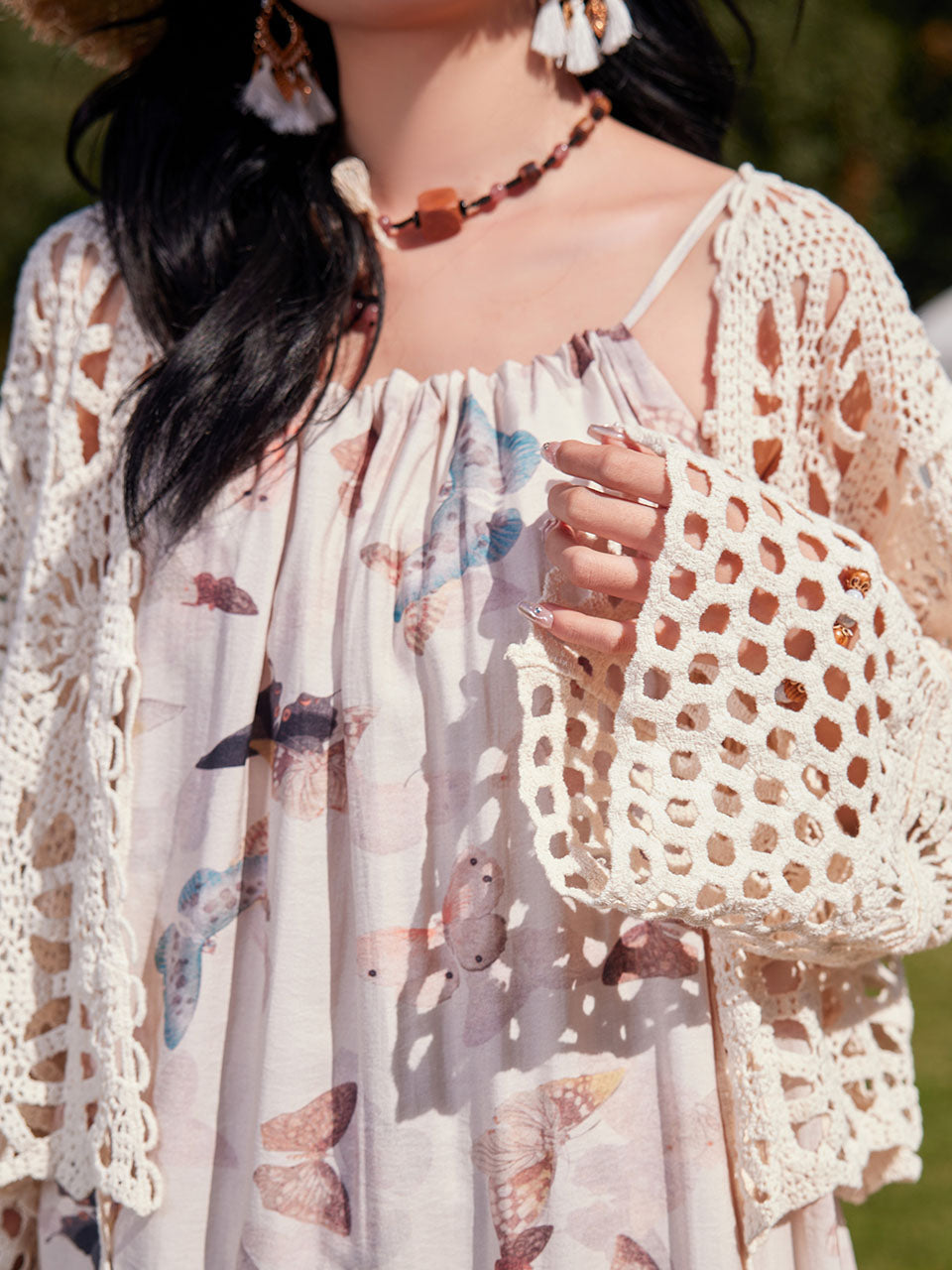 Bohemian Retro Sweet Butterfly Print Beaded Strap Boho Maxi Dress