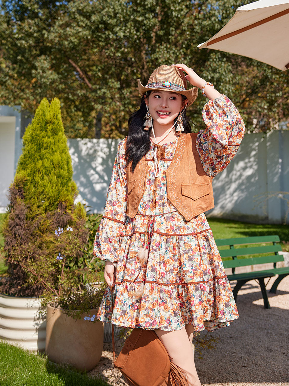 Bohemian Orange Printed Long-sleeved Mini Dress