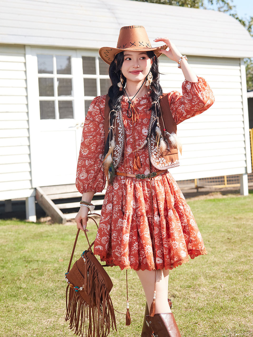 Bohemian Orange Printed Long-sleeved Mini Dress