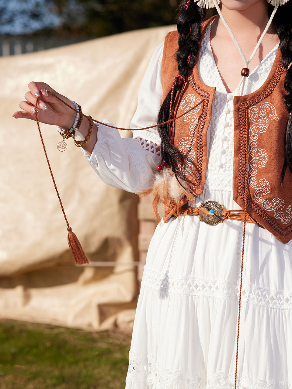 Bohemian White Long-sleeved Cotton Tassel Maxi Dress