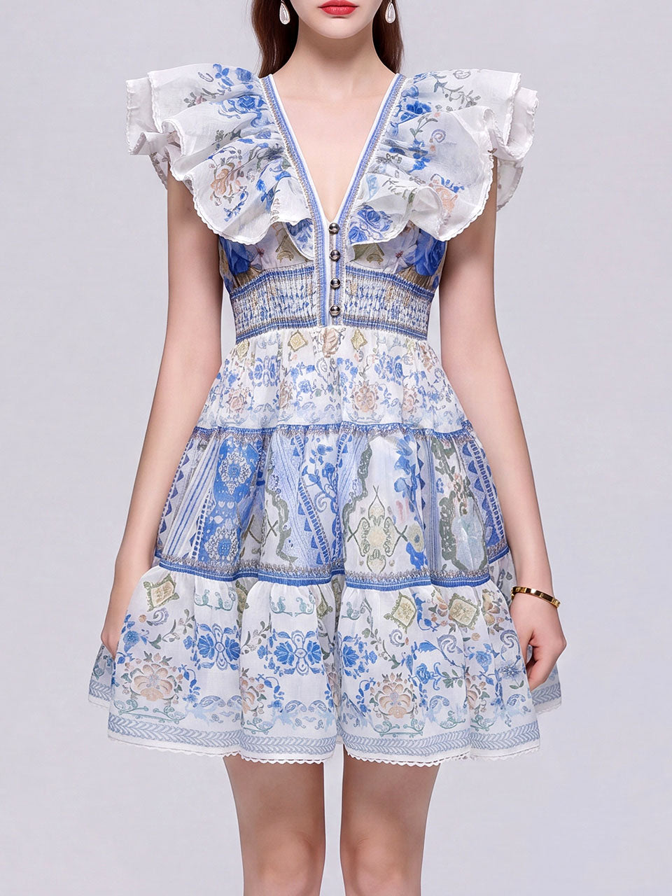 Boho Yellow Floral Printed Chiffon V-Neck Ruffled Summer Beach Mini Dress