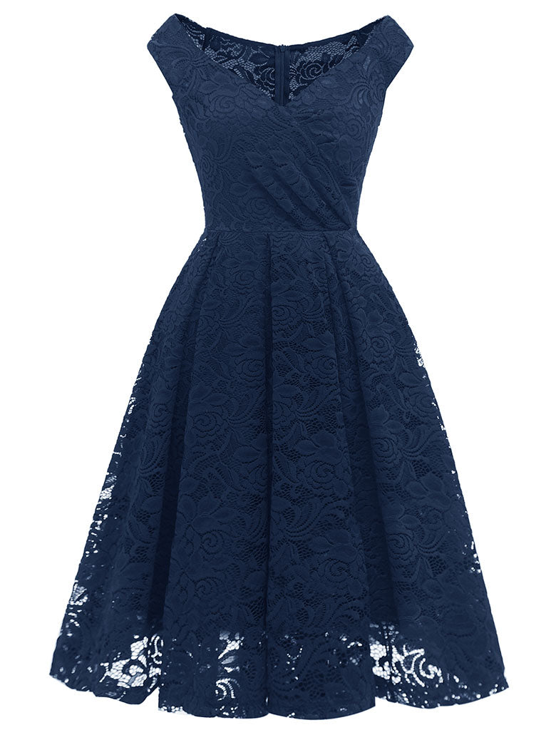 Solid Color Lace Cap Sleeve V Neck 50s Party Swing Dress