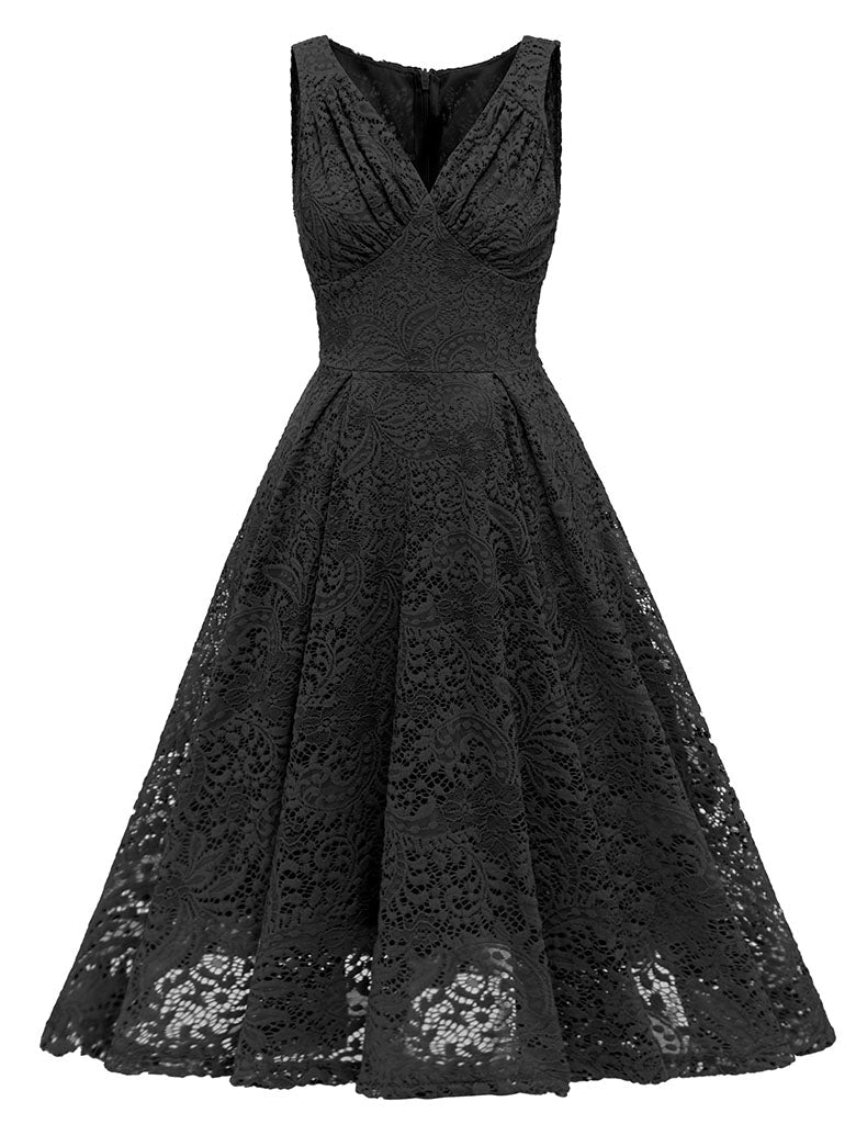 Solid Color Lace Sleeveless V Neck 50s Party Swing Dress