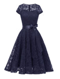 Navy Semi Sheer Solid Color 50s Party Lace Swing Dress