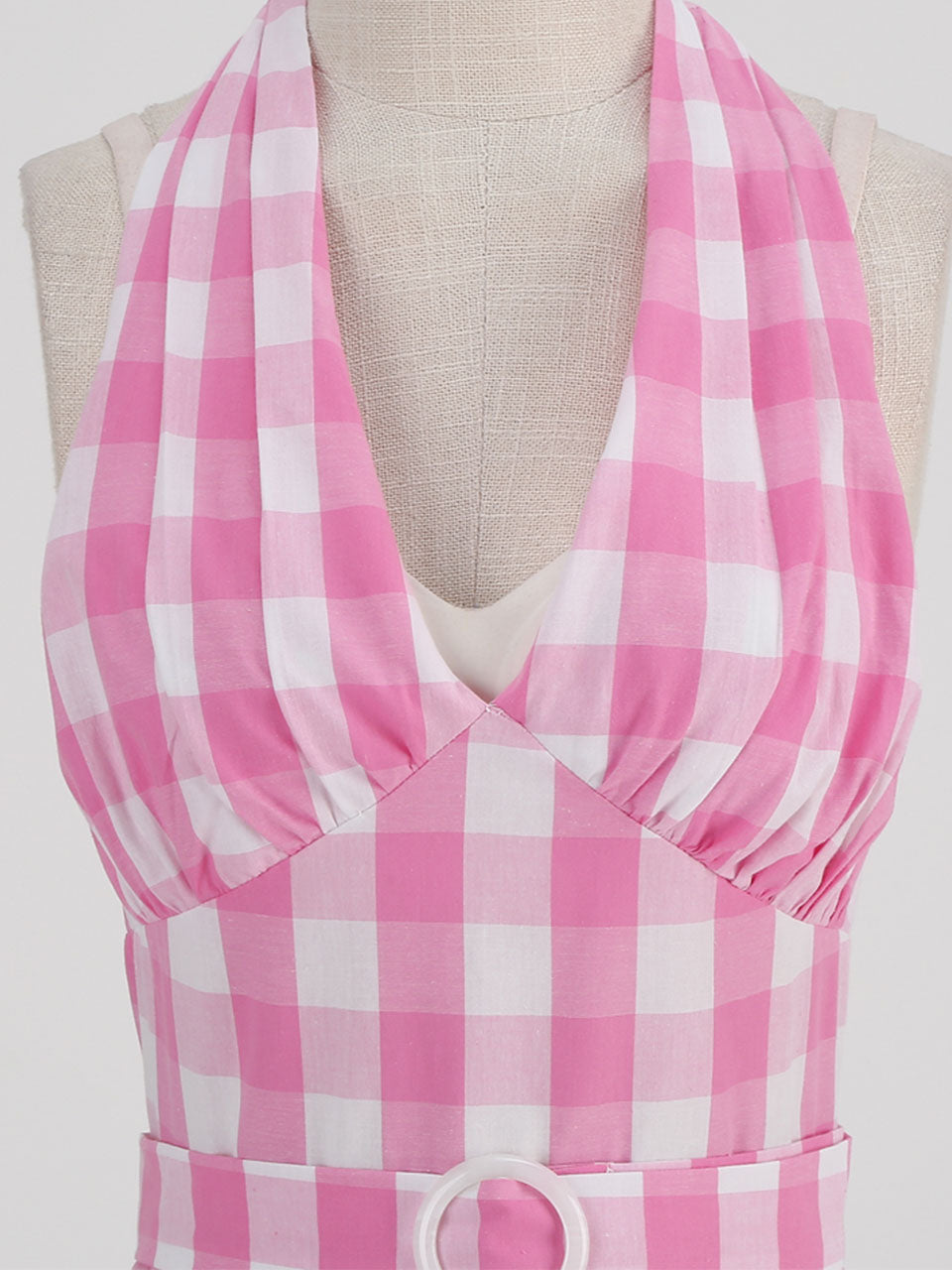 Pink And White Plaid Halter Deep V Neck 1950S Vintage Dress