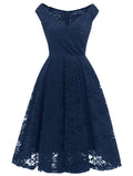 Solid Color Lace Cap Sleeve V Neck 50s Party Swing Dress
