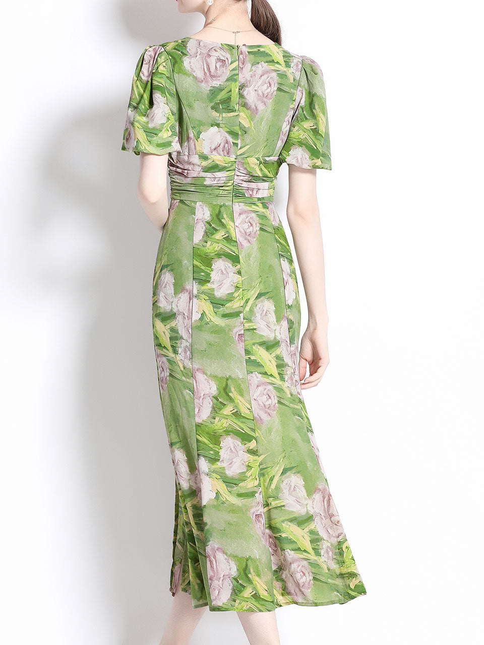 Green V-neck Puff Sleeves Floral Print Slit Bodycon Dress