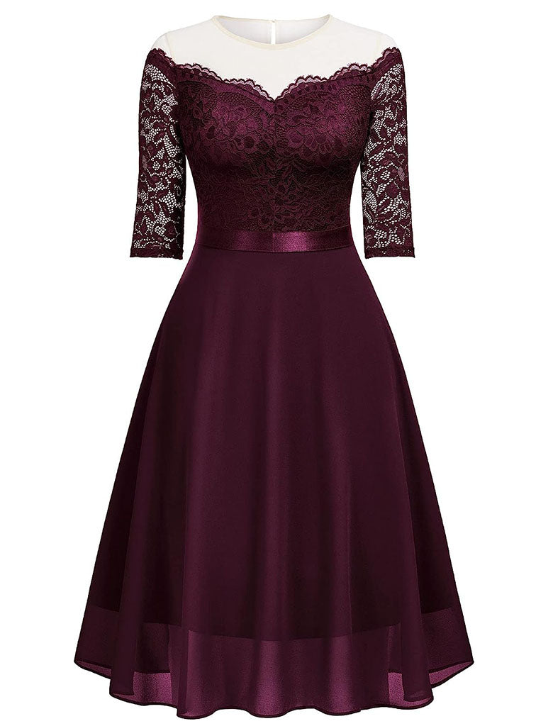 Semi Sheer Solid Color 50s Party Lace Swing Dress