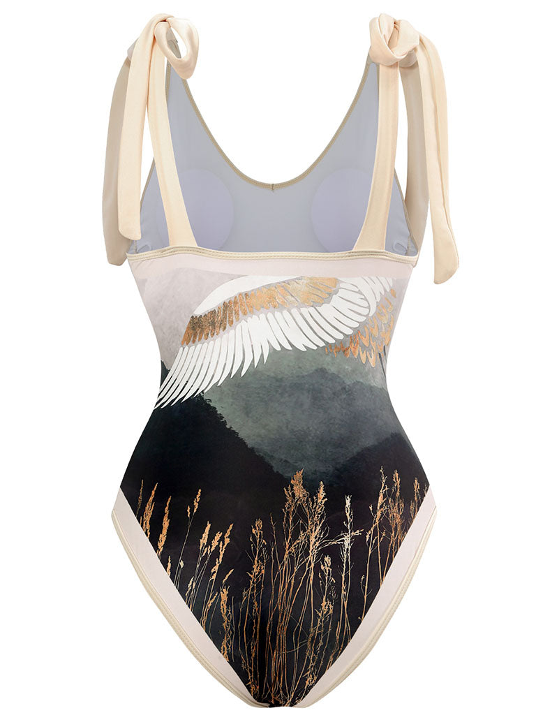 Cranes Bird Print Retro Style V Neck One Piece