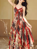 Vintage Bohemian Red Ruffle Hem Floral Plaid Spaghetti Strap Maxi Dress