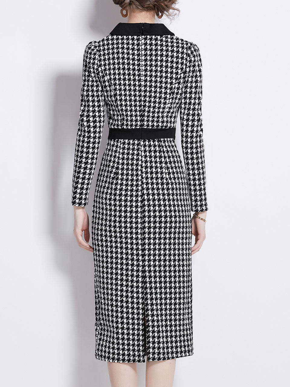 Black and White Houndstooth Peter Pan Collar Vintage Bodycon Dress