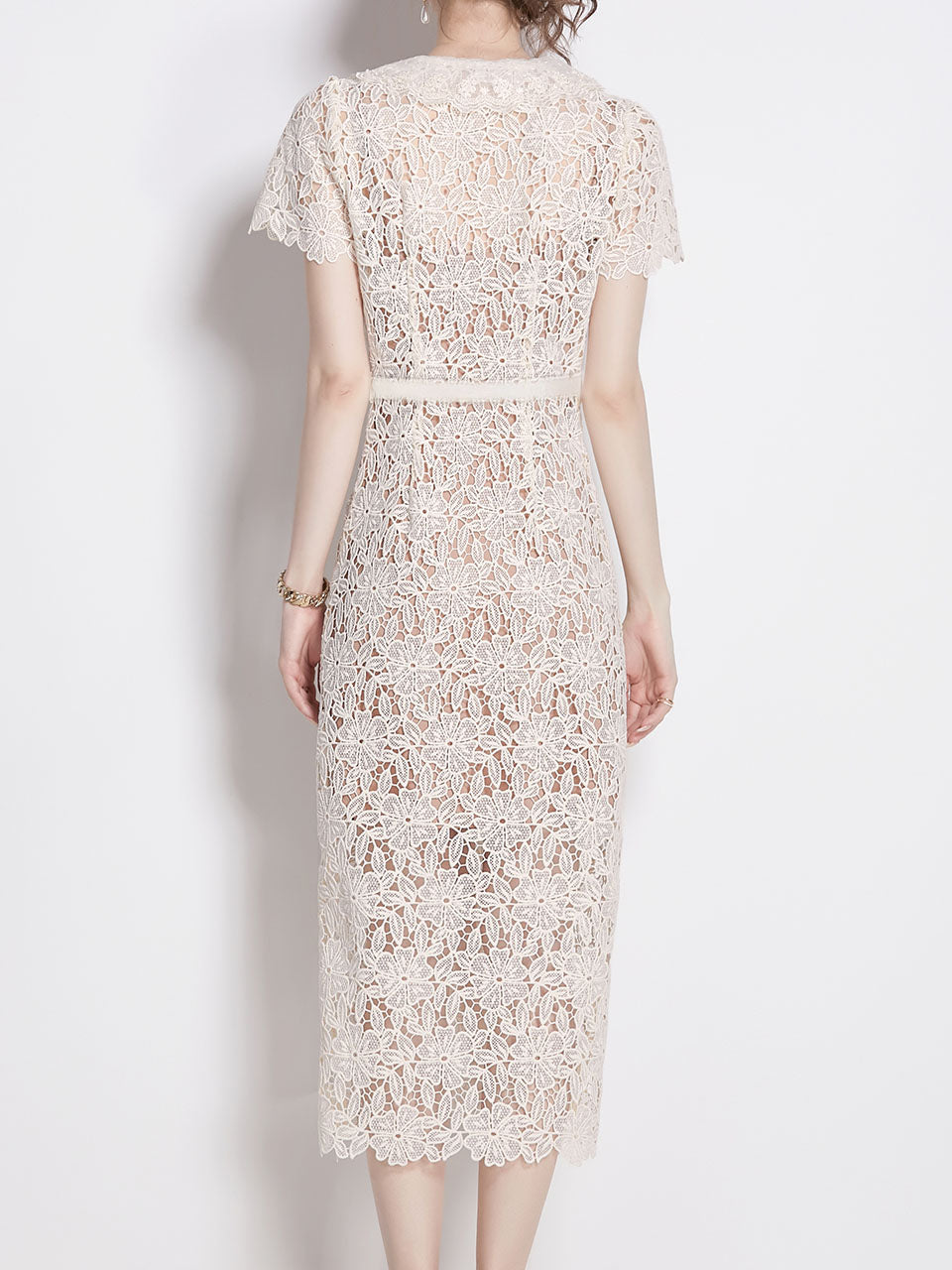 White Lace V Neck Short Sleeve Bodycon Dress