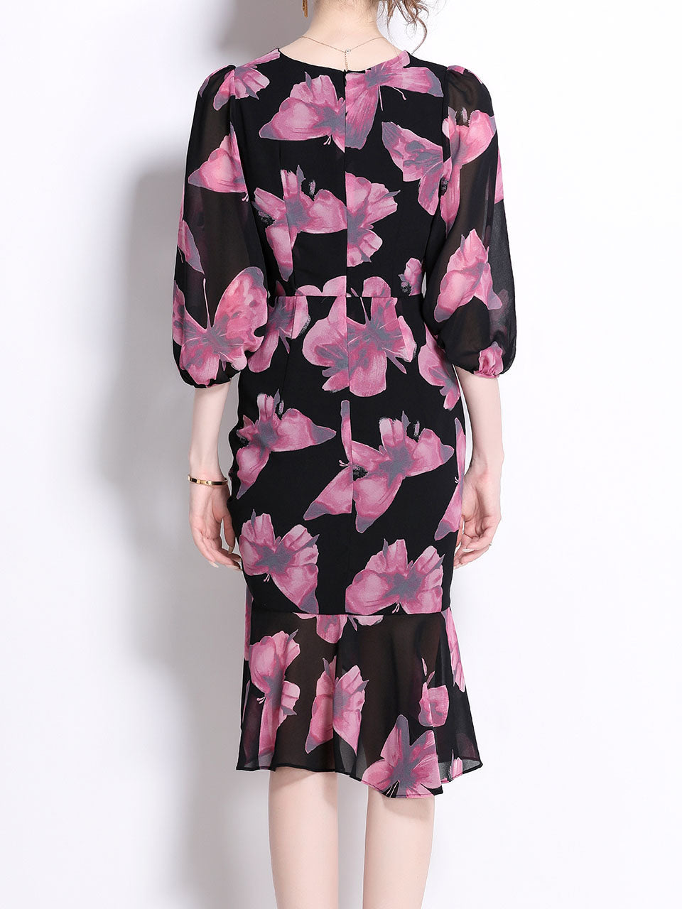 Purple Crew Neck Puff Sleeves Floral Print Slit Bodycon Dress