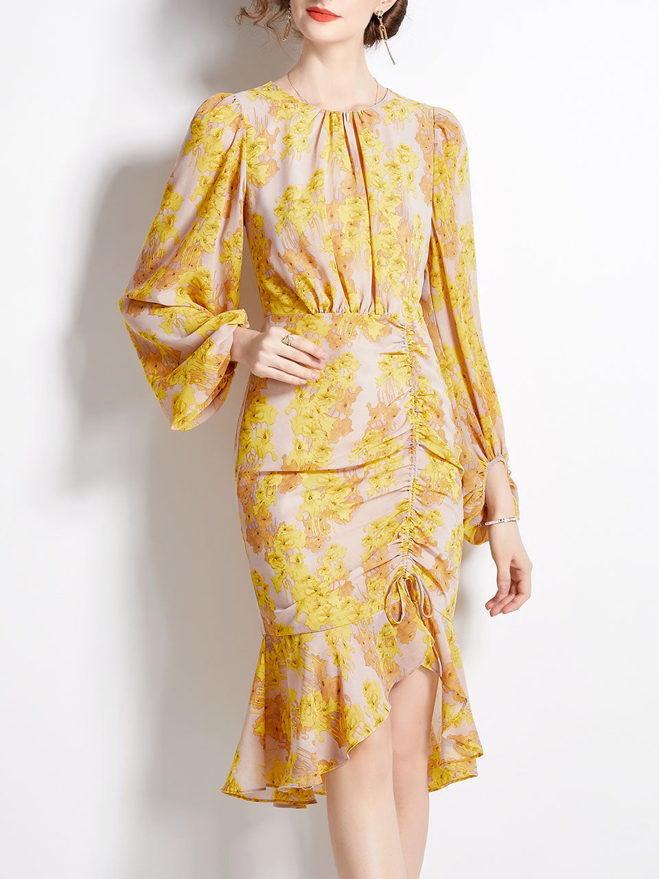 Grey Crew Neck Puff Sleeves Floral Print Bodycon Dress