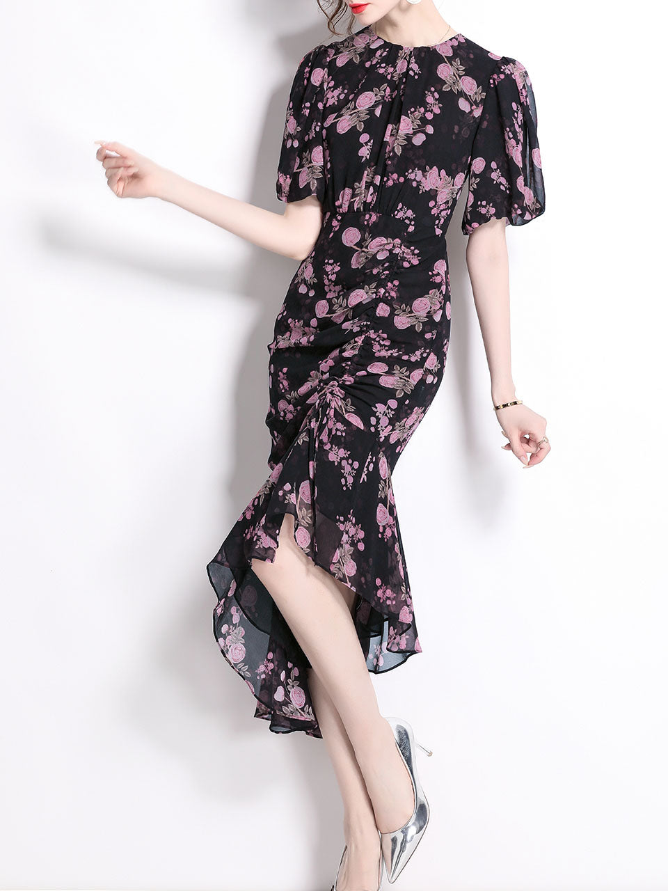 Black Crew Neck Puff Sleeves Floral Print Bodycon Dress