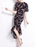 Black Crew Neck Puff Sleeves Floral Print Bodycon Dress
