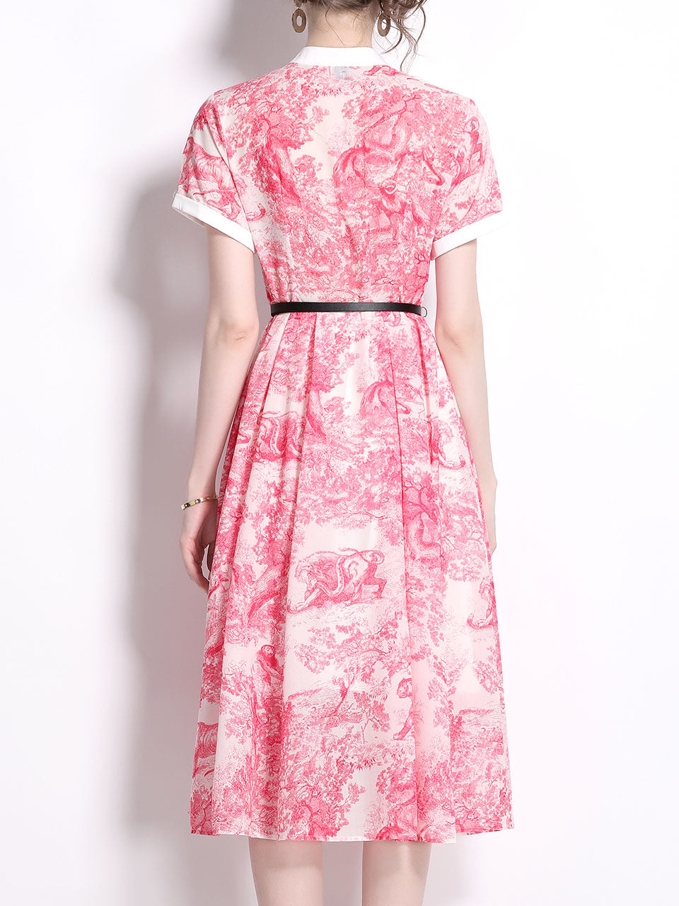 Pink Romantic Print Stand Collar Vintage Swing Dress