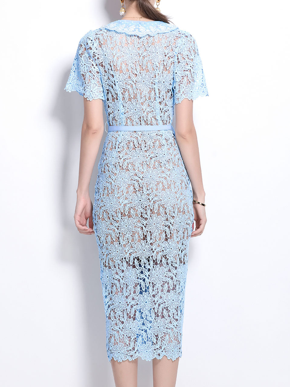 White Lace V Neck Short Sleeve Bodycon Dress