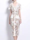 White Lace Flower V Neck Short Sleeve Bodycon Dress