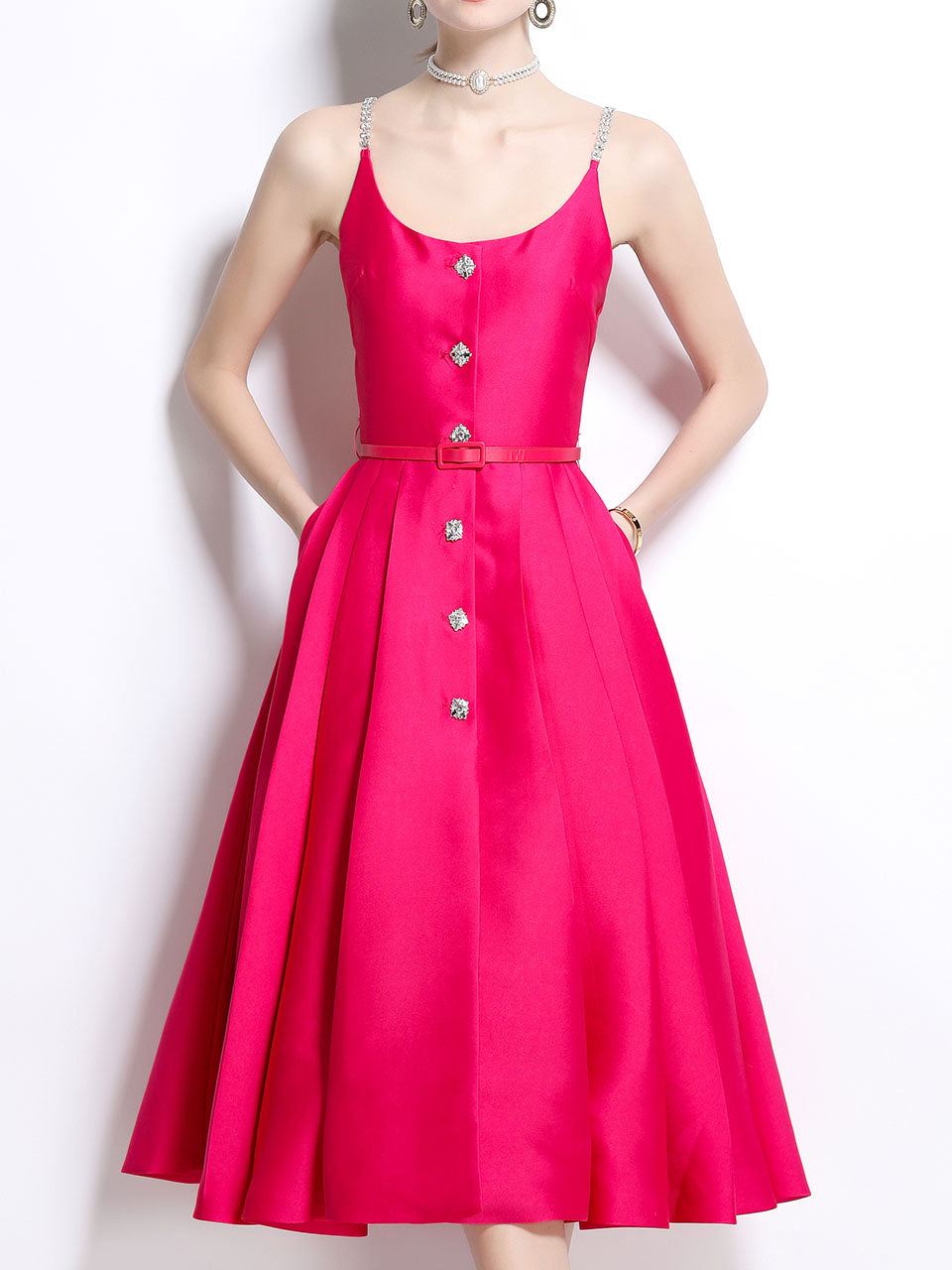 Pink Luxury Diamond Strap Satin Prom Dress