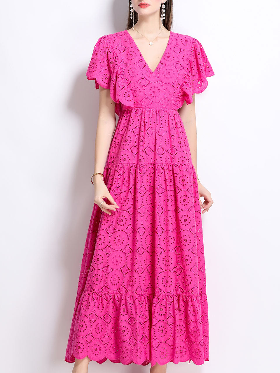 Embroidered Openwork V Neck Ruffles Maxi Dress