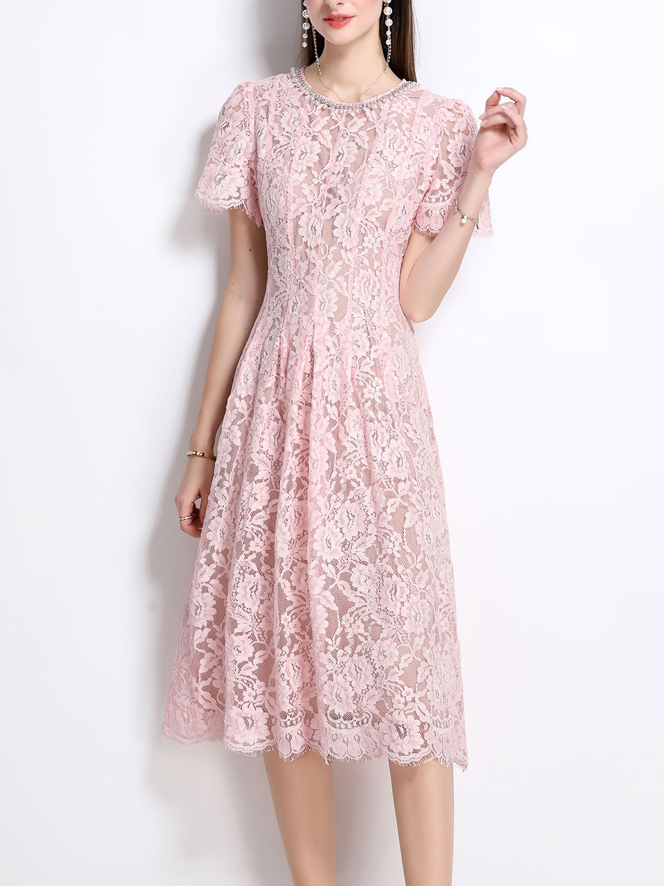 Pink Crew Neck Short Sleeve Classic 1950S Vintage Lace Dress