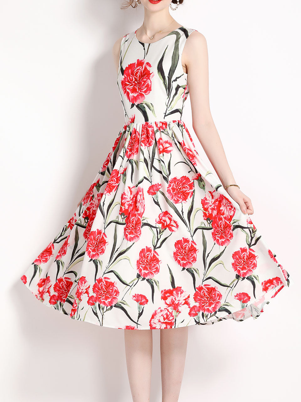 White Flower Print Sleeveless High Waist Swing Vintage Dress