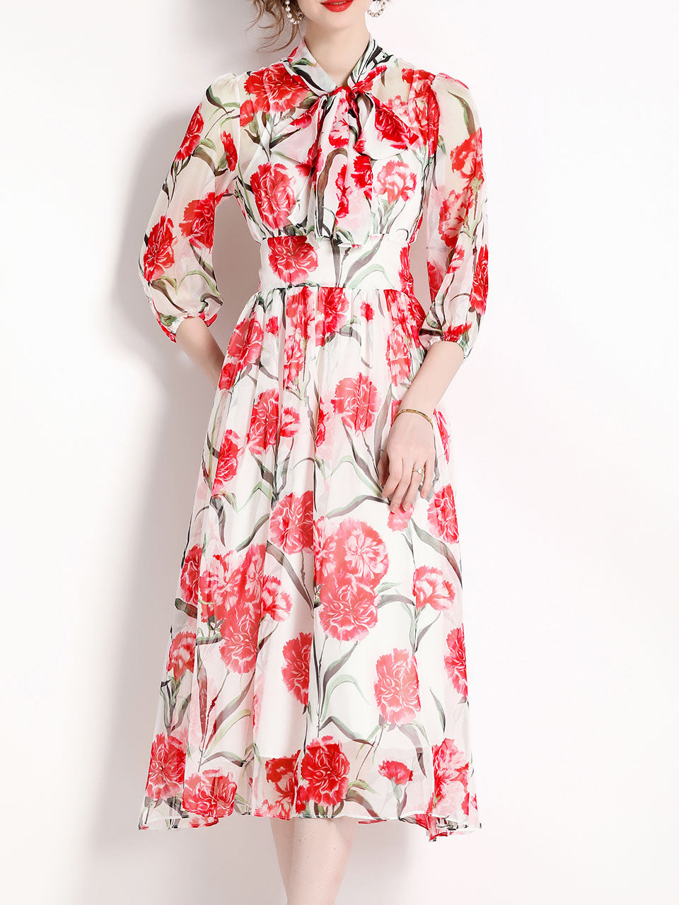White Flower Print Long Sleeve High Waist Swing Vintage Dress