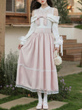 Sweetheart Pink Cold Shoulder Lace Long Sleeve Vintage Dress